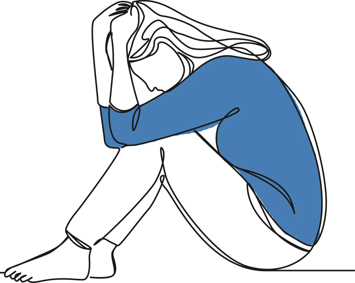 Line drawing of a person curled up hugging their knees, head down