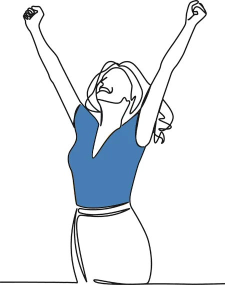 Line drawing of a woman with arms raised in celebration